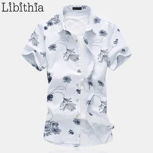 Для мужчин с цветочным дизайном льняное Хлопковое платье рубашки для мальчиков короткий рукав тонкая рубашка для мужчин большие летние Размеры M-7XL одежда мужская блузка красные, синие F019