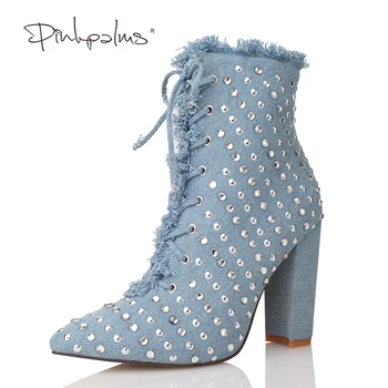 

Original Pink Palms Autumn Winter Rivets Snow Boots High Heels Ankle Boots for Women Pointed Toe Fashion Sexy Women Boots