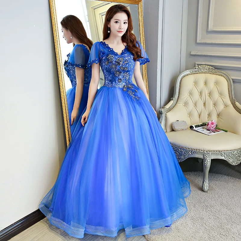 Бальные платья Quinceanera синего цвета с коротким рукавом фатиновое кружевное платье