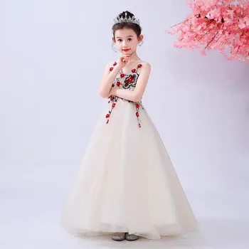 

2019Summer New Appliques Flowers Children Girls O-Neck Birthday Wedding Party Mesh Dress Kids Teens Model Catwalk long Dress