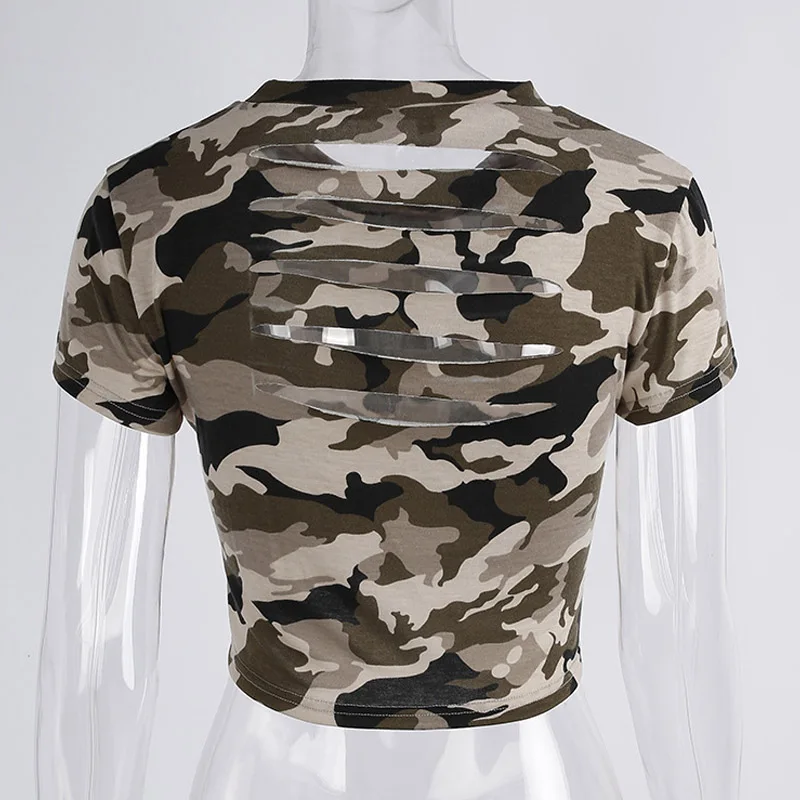 Qunndy T Shirt Women Camouflage Cotton Elastic Basic T-shirts Female Casual Tops Short Sleeve Tshirt Crop Top Camisetas Mujer (12)