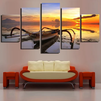 

Modern Unframed Canvas Painting Ship Sunset Seascape Modular Picture Setting Sun Wall Sticker Art Poster Home Decor Picture 5Pcs