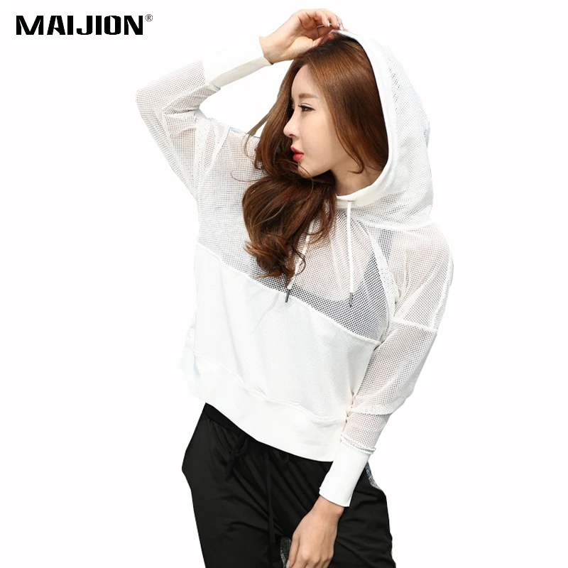 

MAIJION Mesh Patchwork Yoga Shirt Women Loose Hooded Sport Jacket T Shirt Quick Dry Gym Running Yoga Tops Long Sleeve Sweatshirt