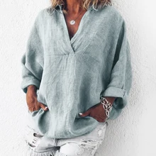 Summer Plus Size Tunic Women Cotton Linen Blouse 3XL Plus Size Female Shirt Solid V-Neck Long Sleeve Womens Tops and Blouses