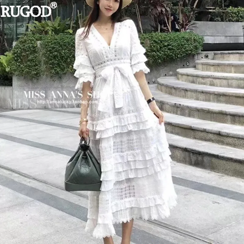 RUGOD 2019 новинка белое кружевное платье женское элегантное сексуальное с вырезом