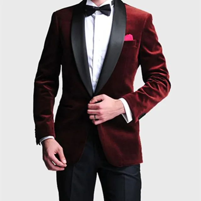 Fashion Style One Button Dark Red Velvet Groom Tuxedos Men's Wedding ...