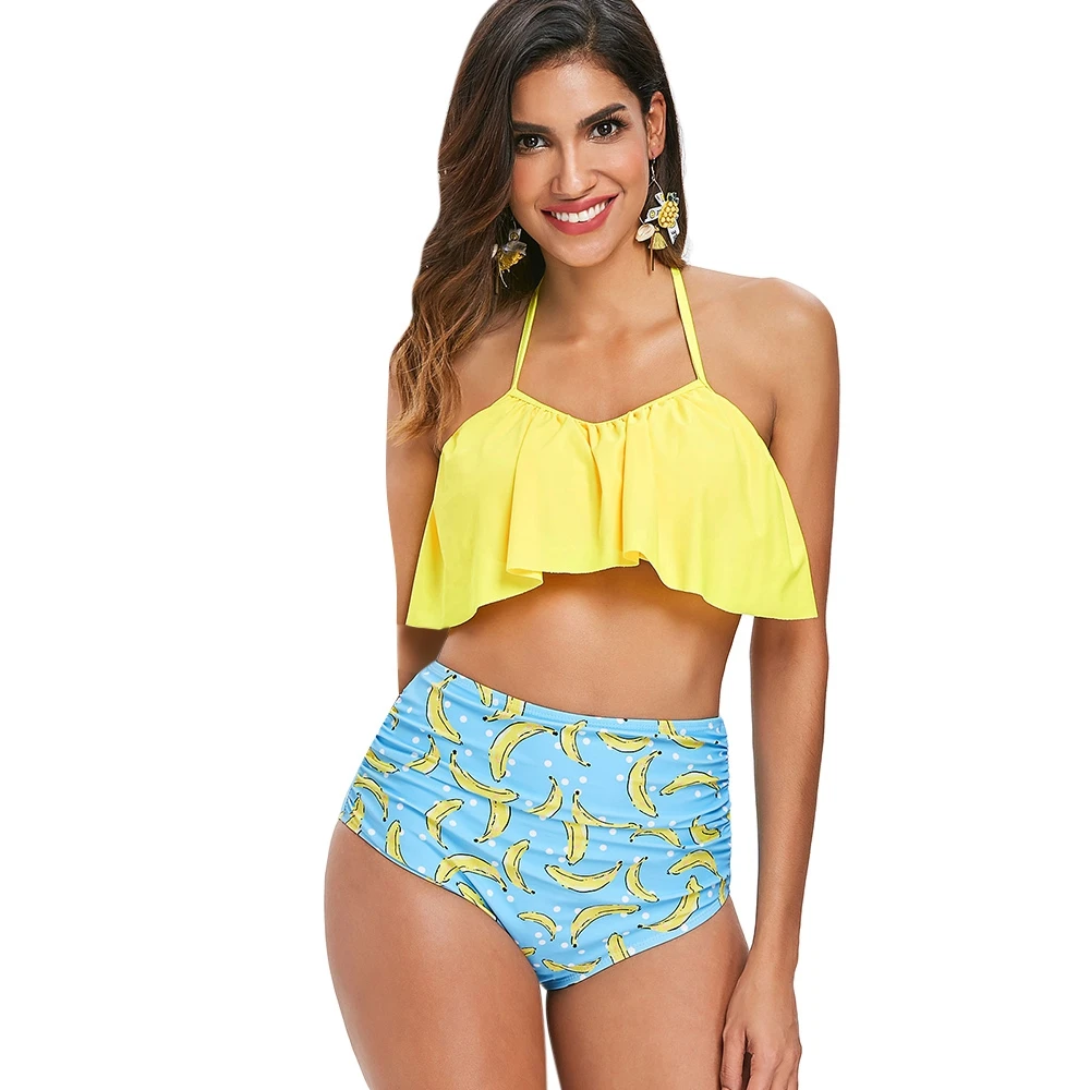 

Ruffle Banana High Waisted Bikini Set Polyester Wire Fre Brazilian Biquni Swimwear Swimdress Swiming Suit Bathing Suit