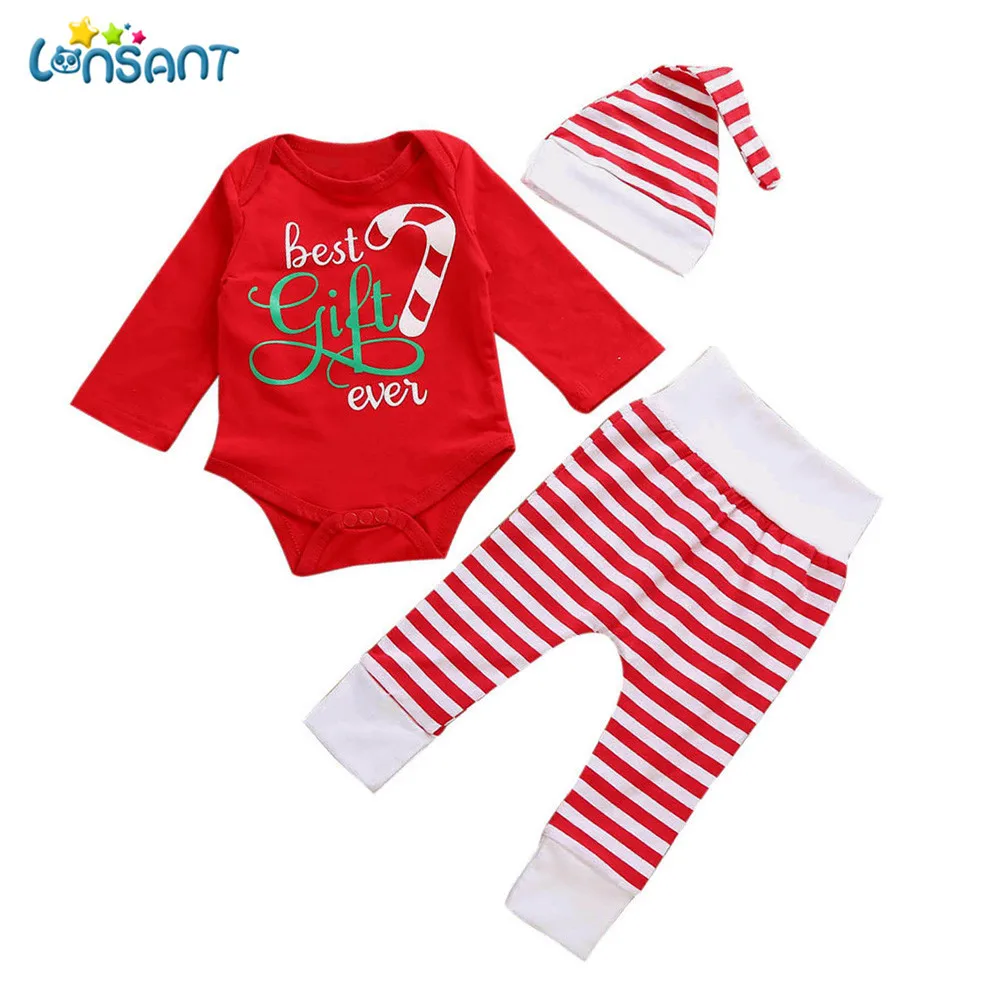 

LONSANT Christmas Newborn Cute Kids Baby Girl Outfits Long Sleeve Clothes Romper Tops+Long Pants+Hat for 0-24 Months baby