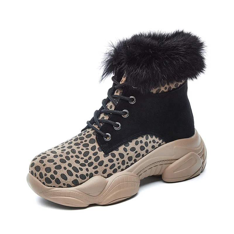 

Women's Boots Autumn and Winter 2018 New Leather Leopard Thick Bottom Warm Thickening Rabbit Fur Snow Boots Cotton Shoes
