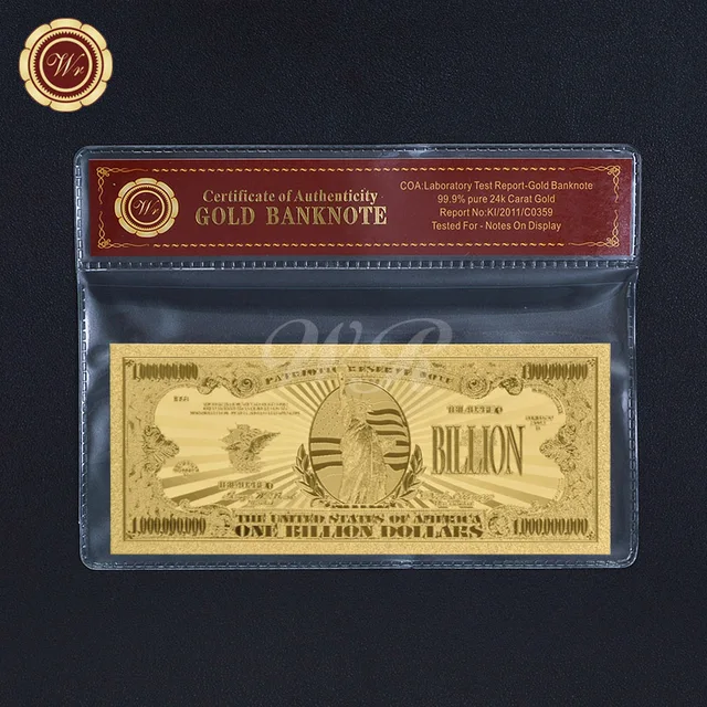 Us Dollar Gold Banknote One Billion Bill 24k Gold Foil Note In Coa Sleeve Collectible Gift Us Dollar Gold Banknote One Billion Bill 24k Gold Foil Note In Coa Sleeve Collectible Gift