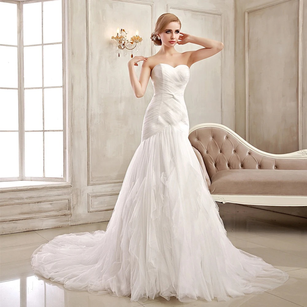 White Mermaid Wedding Dress Plus Size Simple Ruffles Wedding Dress