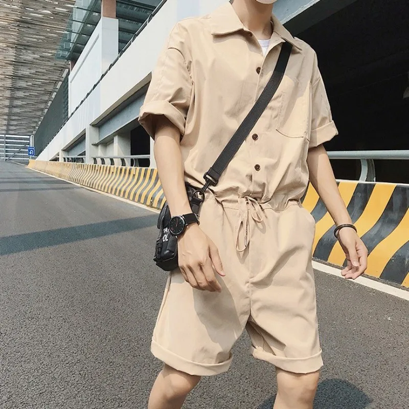 Новое поступление, летний мужской комбинезон, модный мужской однобортный комбинезон с эластичной талией, повседневный свободный мужской комбинезон