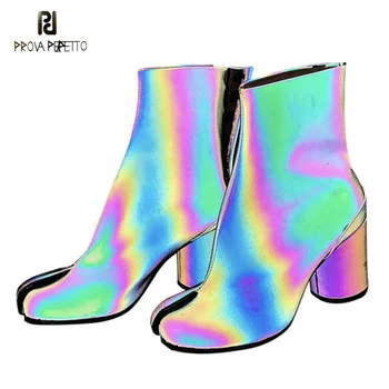 

Prova Perfetto Split Toe Women Fashion Boots Shiny Laser Woman Ankle Boots Genuine Leather Shoes Hook Loop High Heels Boats 2019