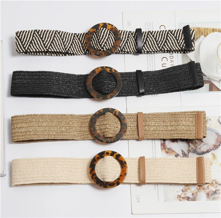Vintage Weaving Waist Belts For Women Weaved Belt Tortoise Shell Ring