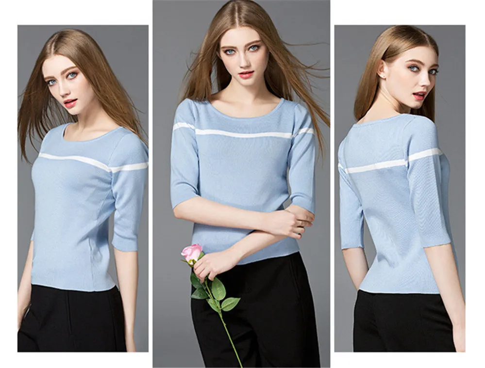 Women Knitting Shirt 2017 Spring Half Sleeve Knitted t-shirt O-neck Thin Slim Solid Shirt Top Female Basic Pullover Blouse (7)