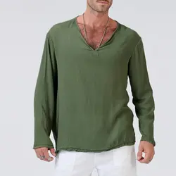 Podom Новая мода Мужская футболка с длинным рукавом v-образным вырезом сплошной цвет Повседневная футболки Свободные Хлопок Мужской базовый