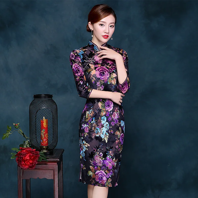 

New Winter Velvet Cheongsam Sexy Qipao Blue Traditional Chinese Dress Robe Orientale Style Dresses China Clothing Store