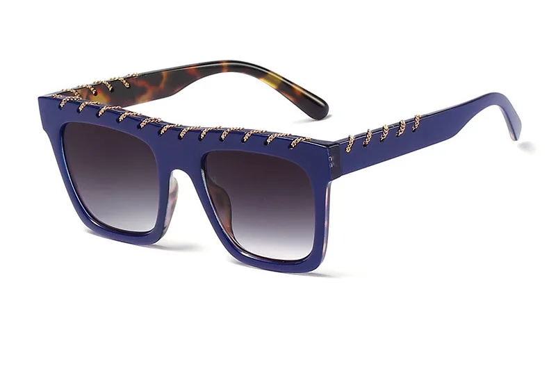 Модные, пикантные женские негабаритные Квадратные Солнцезащитные очки Для женщин металлическая оправа с цепочкой Роскошные личности солнцезащитные очки для женщин UV400 - Цвет линз: Blue Gray