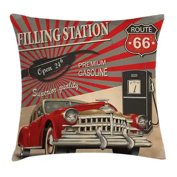 

Throw Pillow Cover Poster Style Image Gasoline Station Commercial Kitschy Element Route 66 Print Square Accent Pillow Case