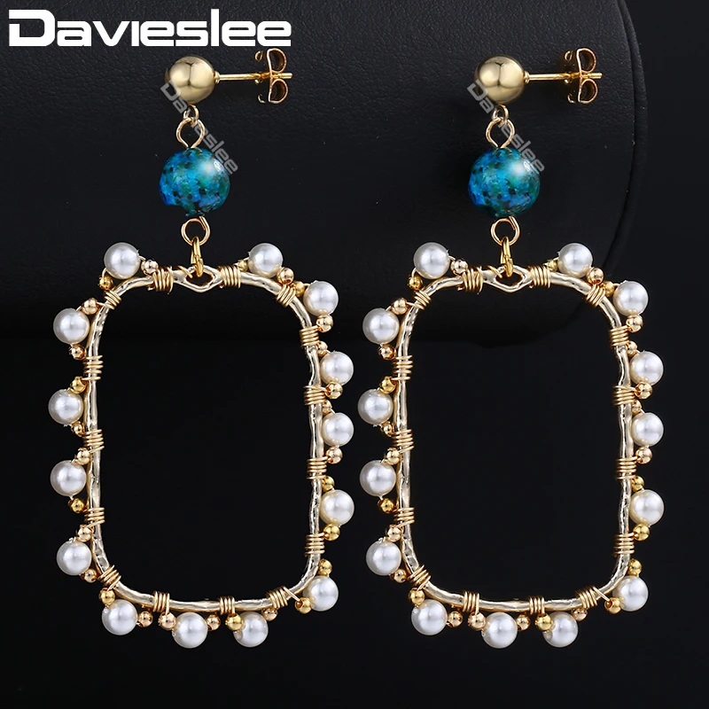 

Davieslee Geometric Rectangle Drop Earrings For Women Blue Stone Simulated Pearl Dangling Earrings 2018 Woman Jewelry Gift DDE02