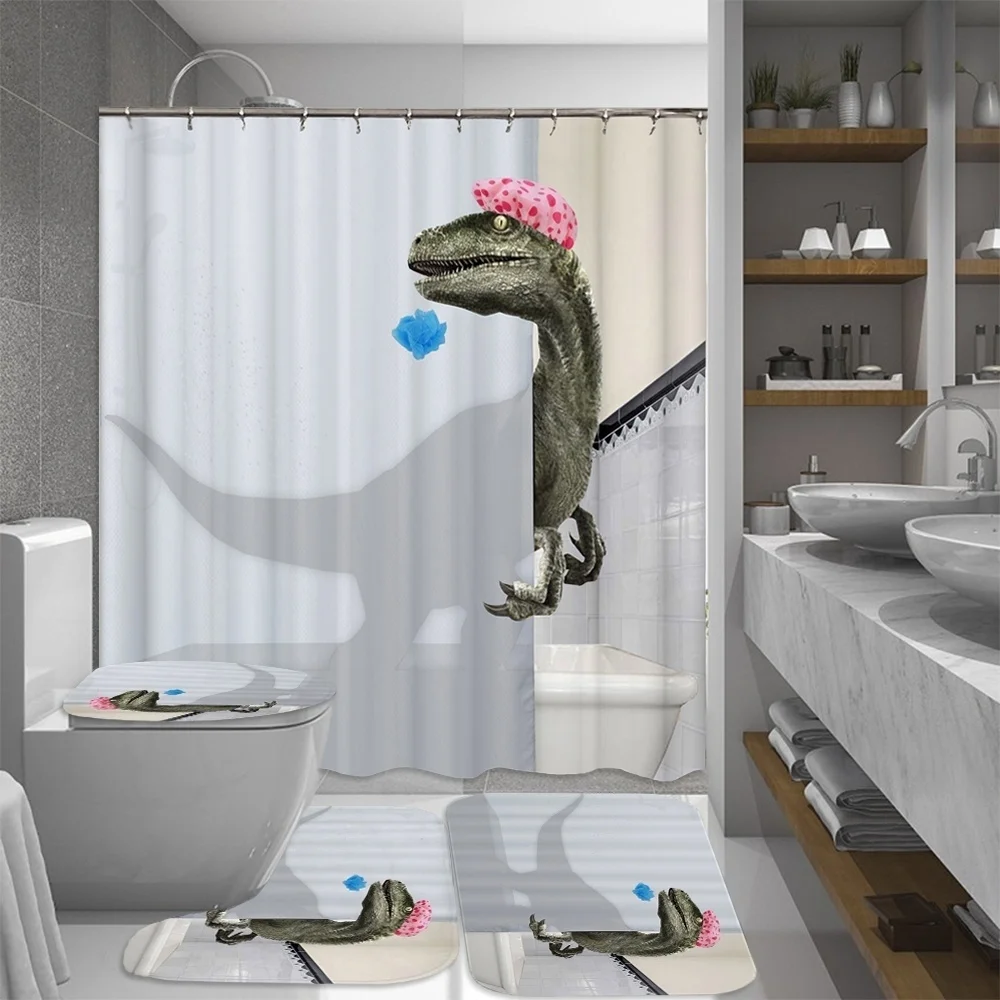 

4 Pcs Taking A Bath Dinosaur Bathroom Set Shower Curtain/Bath Mat/Toilet Pad Set Non-slip Mats Carpets Toilet Seat Floor Mat