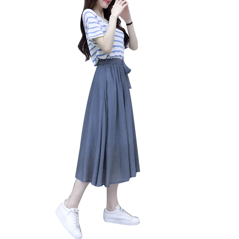 

Rlyaeiz Korean Style Fashion 2 Piece Set Women Sweat Suit 2019 Summer New Striped T shirts + Skirts Set Female Sporting Wear
