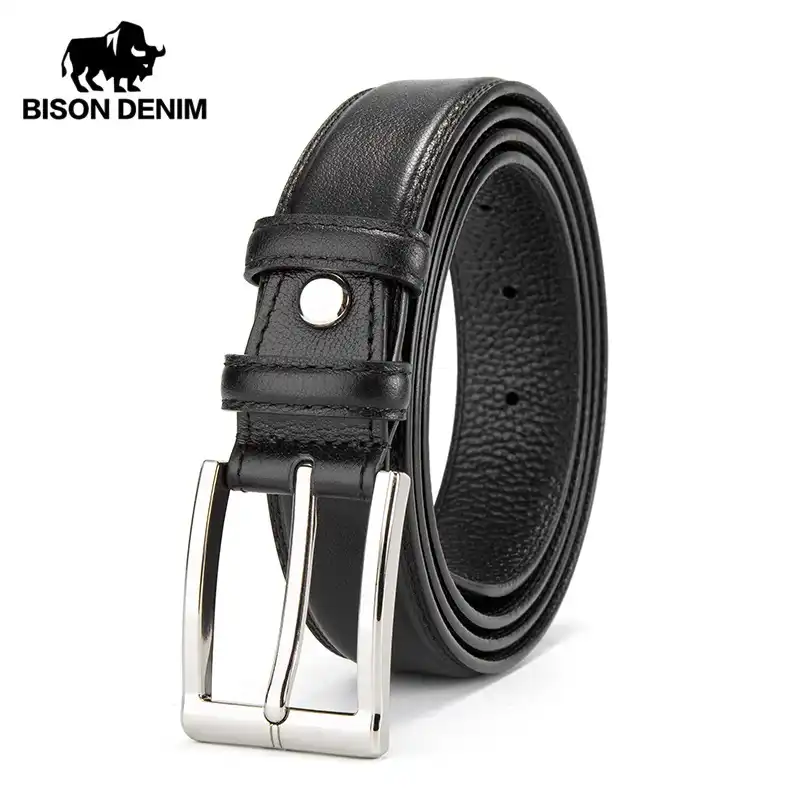 バイソンデニム男性ベルト革の男性の革ストラップ高級ピンバックルカジュアルメンズベルト Cummerbunds Ceinture オム N メンズベルト Aliexpress