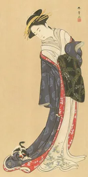 

Japan Classical Ukiyoe Paintings THE LADY AND THE CAT Wall Hanging Unframed Cotton Canvas Paintings/Pictures for Home/Bar Decor