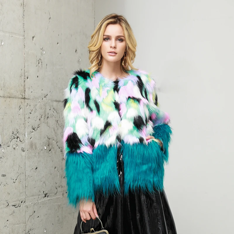 Fashion Women Faux Fur Coat Winter Thick Warm Fluffy Fur Jacket Elegant Ladies Splicing Colorful Overcoat Hairy Coats Outwear