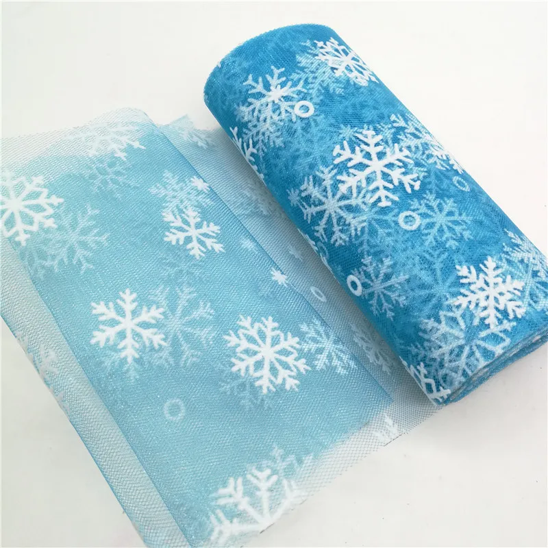 6inch*10Y Snowflake Printed Organza Tulle Rolls for Christmas Decoration Frozen Party Tutu Skirt Wedding Dress Supplies Deco