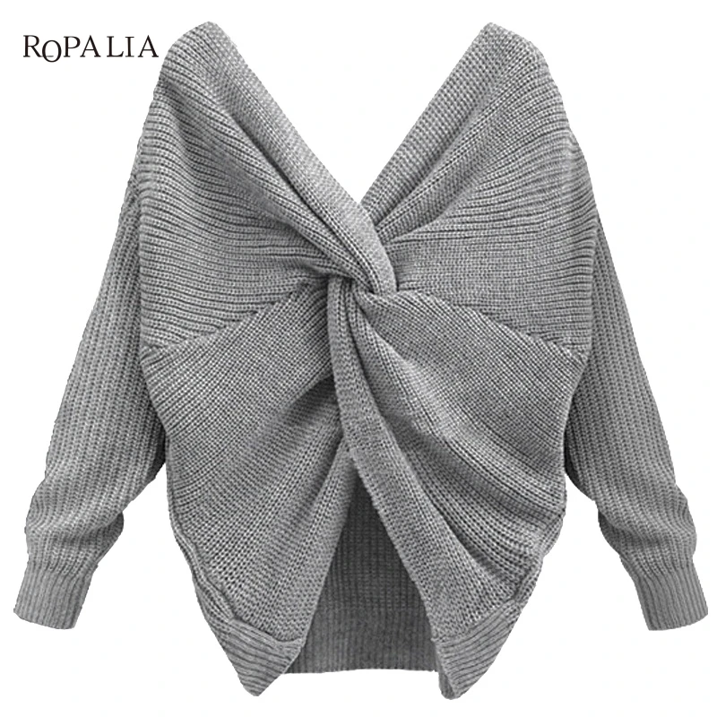 New Long Sleeve Knitted Sweaters V Neck Twisted Back Sweater Women Jumpers Pullovers 4 Colors Sweaters