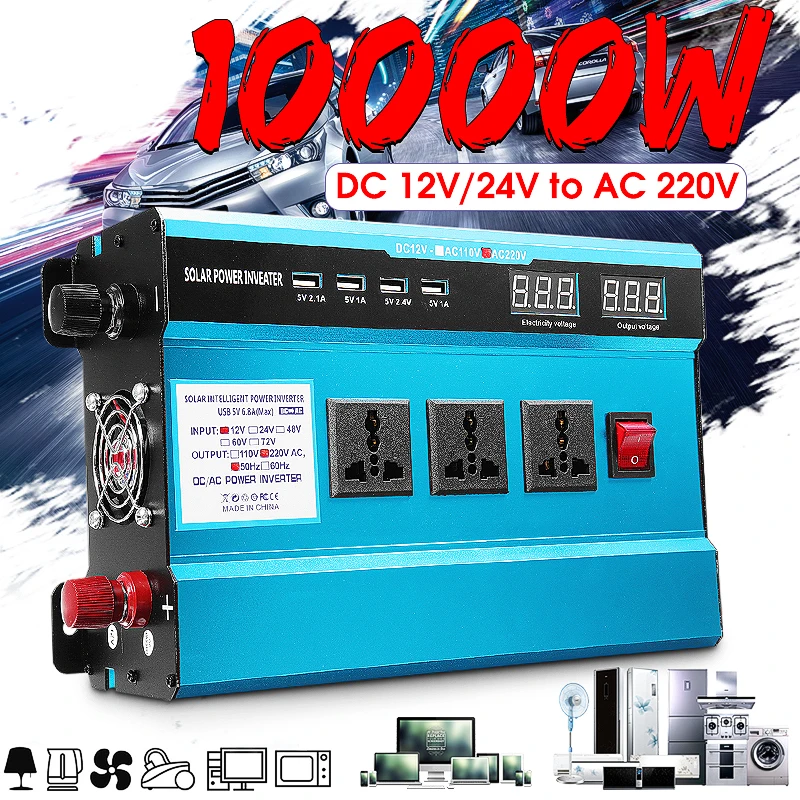 

Solar Power Inverter Sine Wave Voltage Transformer AC220V PEAK 10000W DC12/ 24V to Car USB Converter Circuit Protect
