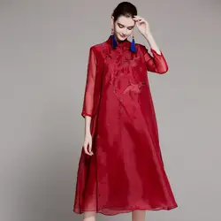 Бутик вышивка Cheongsam свободные плюс размер Макси органза платье для женщин