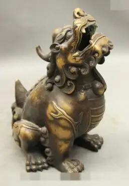 

S3233 9" Folk Chinese Bronze Animals Lion PiXiu Unicorn Statue Incense Burner Censer
