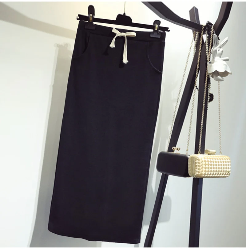 Женская Трикотажная хлопковая длинная юбка-карандаш с разрезом, высокая талия, однотонная, на шнуровке, с карманами, макси юбки для женщин, весна, женская одежда