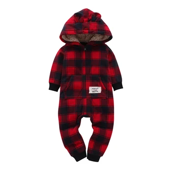 kid boy girl Long Sleeve Hooded Fleece jumpsuit overalls red plaid Newborn baby winter clothes unisex new born costume 2020 1