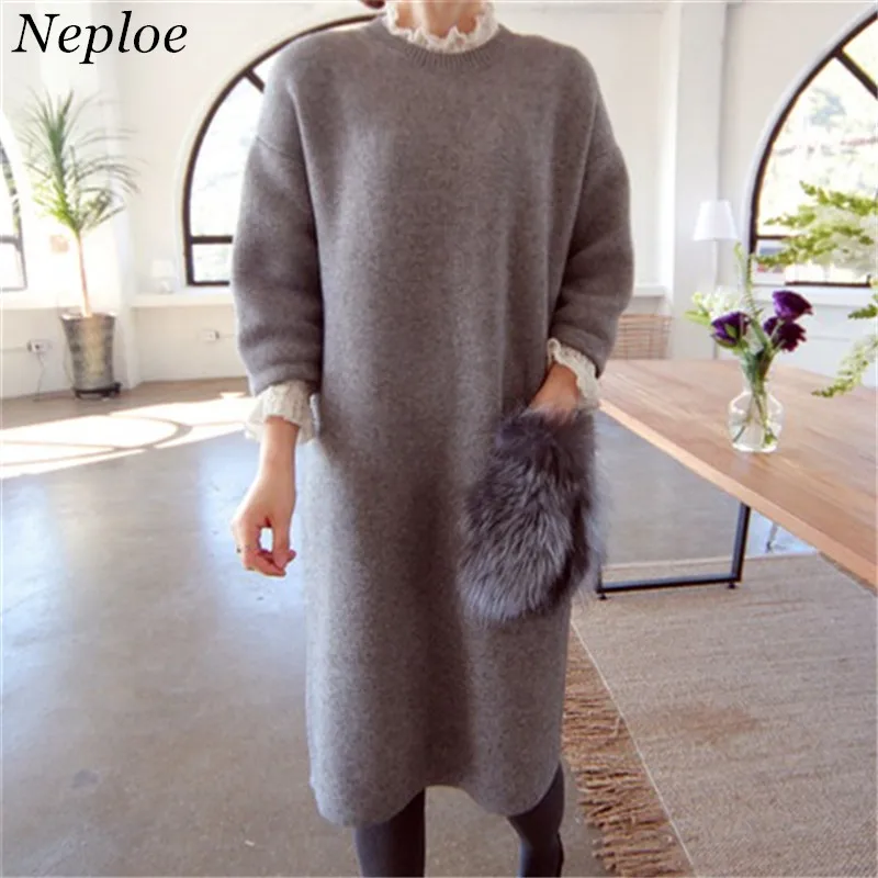 Neploe/свитер для девочек с карманами из искусственного меха в стиле пэчворк, однотонный вязаный женский пуловер,, Осень-зима, новая мода, Sueter Mujer 69084