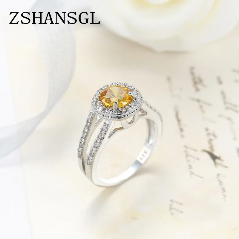 Luxury Princess Cut Yellow CZ Crystal Ring with Micro Paved Clear Zircon 3 Layers High Polished Women Wedding Rings Size 6-10