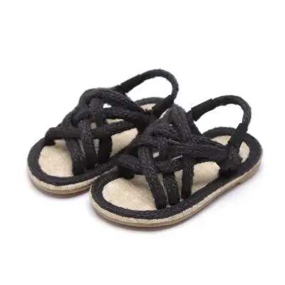 Летние детские сандалии с пеньковой веревкой для мальчиков и девочек, римская обувь с мягкой подошвой, детские сандалии с открытым носком, нескользящая повседневная обувь для малышей - Цвет: Black