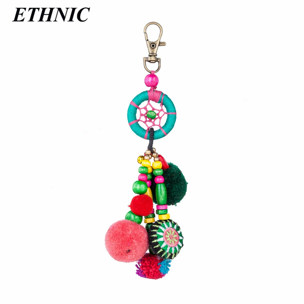 

Bohemian Pompom Ball Tassels Colorful Wood Beads Dream Keychain for Women Fashion Keyring Bag Trinket Friendship Gift