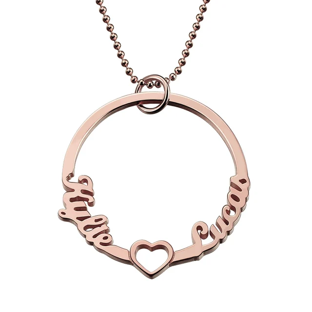 personalized rose gold color circle necklace with cut out heart 2
