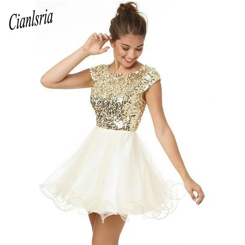 

8th Grade Prom Homecoming Dresses A Line White And Gold Sequins Short Party Dress For Girls Short Prom Dresses