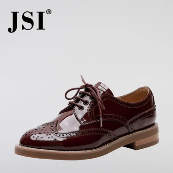 

JSI Fashion Genuine Leather Lace-Up Ladies Flats Casual Solid Round Toe Brogue Shoes Basic Outside Square Heel Women Flats JO253