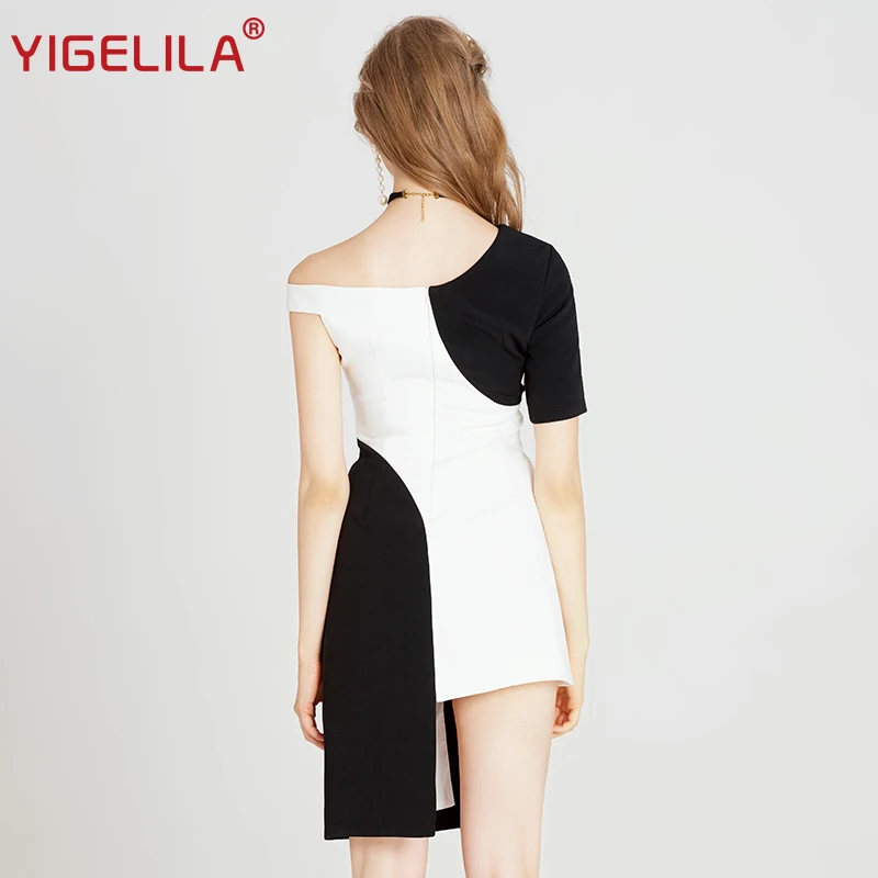 YIGELILA, женское асимметричное платье, модное, на одно плечо, черное, белое, в стиле пэчворк, Империя, тонкое, до колен, вечерние платья, 63139