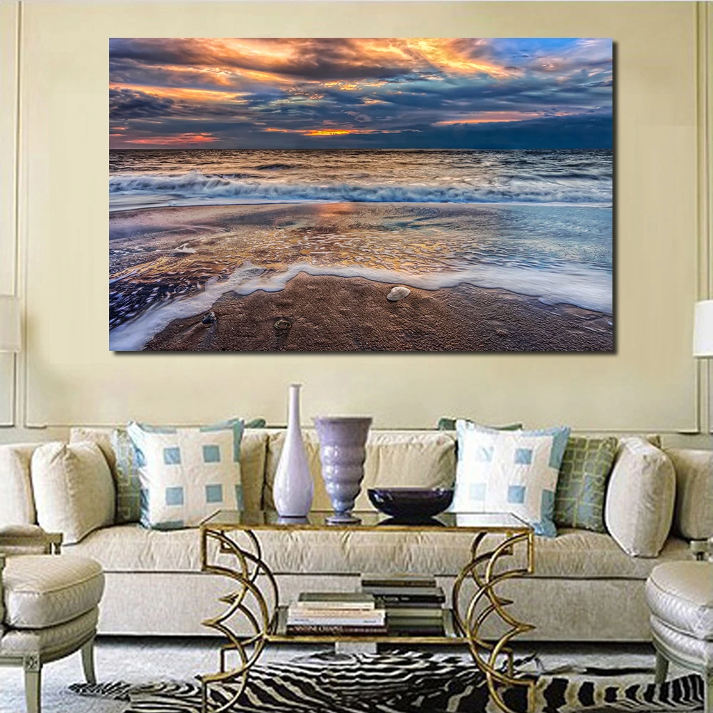 Jqhyart ビーチ日没スカイ雲砂自然海海がきこえるキャンバス油絵なしフレーム Paintings On Canvas Ocean Waves Wall Paintingwall Painting Aliexpress