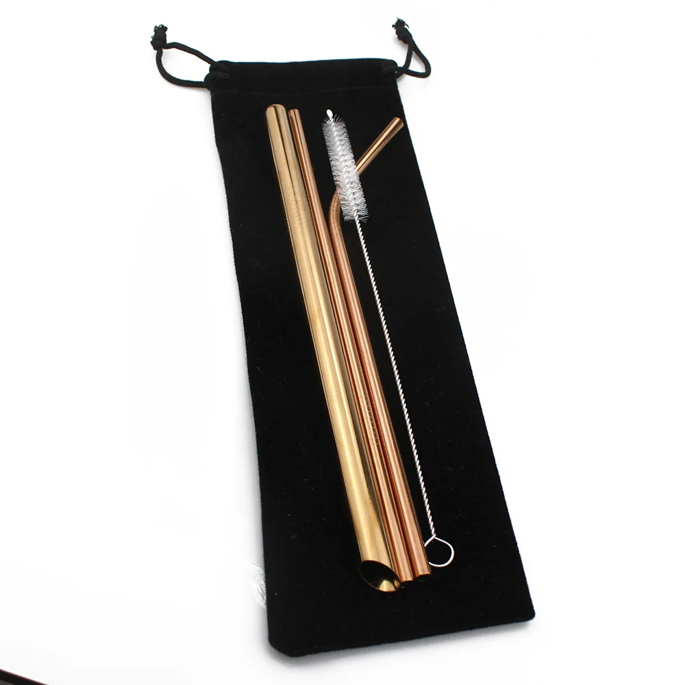 5pcs 304 Stainless Steel Sharp Pointy End Straw Reusable Metal Drinking Straws Set with Brush Bag For Home Party Bar Accessories - Цвет: Rose BlackBag