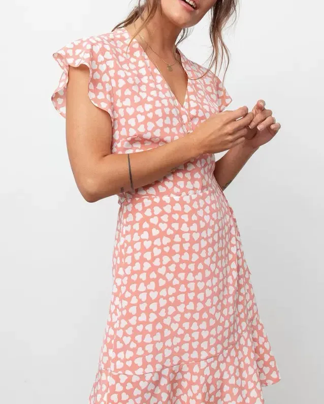 

Silk 100% Ladies Pink Love Heart Wrap V Neck Short Mini Dress With Ruffled & Waist Ties Detail