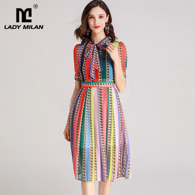 

Women's Runway Dresses Bow Collar Short Sleeves Printed Color Block Striped Fashion Casual Summer Dresses