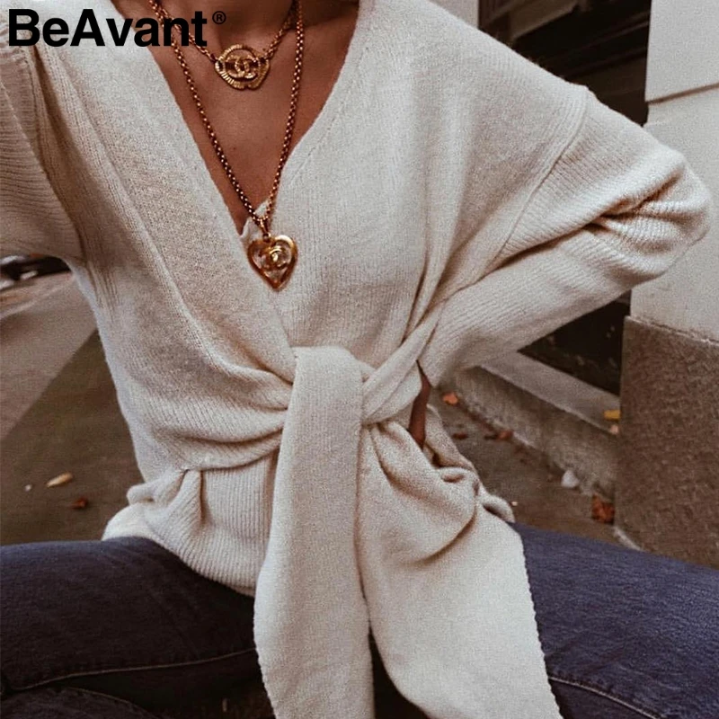 Baratos BeAvant Casual bow tie de talla grande mujeres suéter elegante cuello en V tejido jumper femenino Otoño Invierno suéter negro suéteres 2019