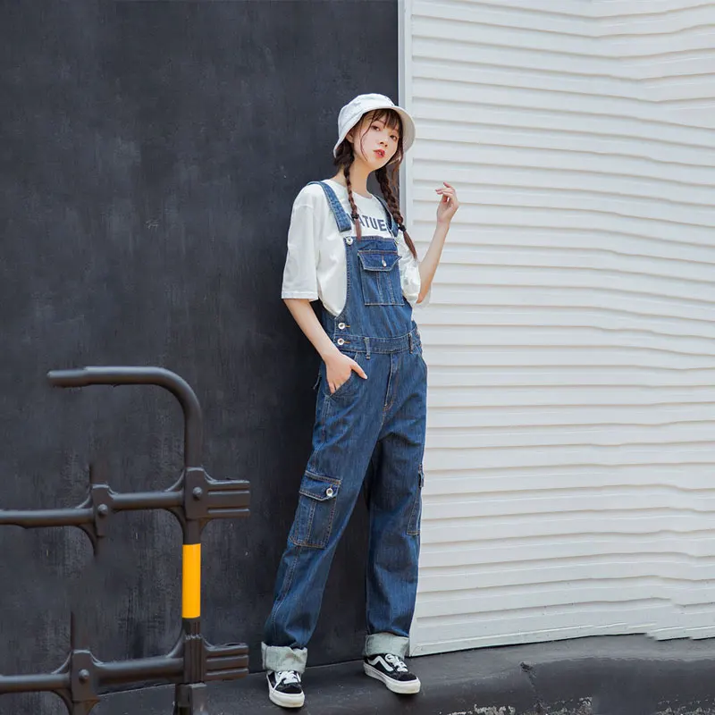 

High waist Multi-pocket Denim Bib Female Port Wind Loose Straight Jumpsuit Slimming Overalls trousers More Size S-4XL 5XL